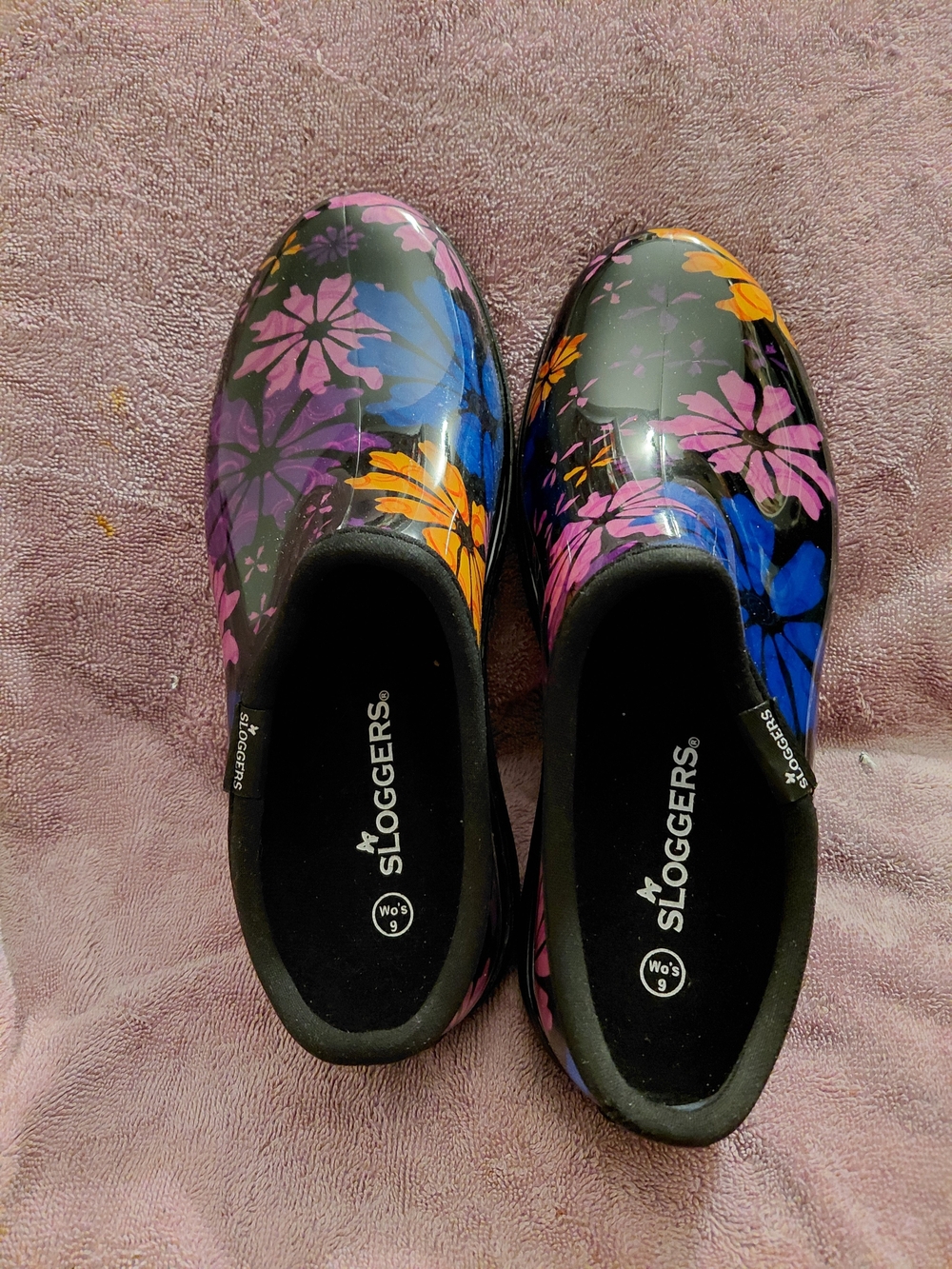 Sloggers Black Slip-On Garden Clogs with Pink, Blue & Orange Floral Print